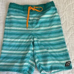 Teal & Aqua Striped Kids Swim Trunks with Orange Drawstring